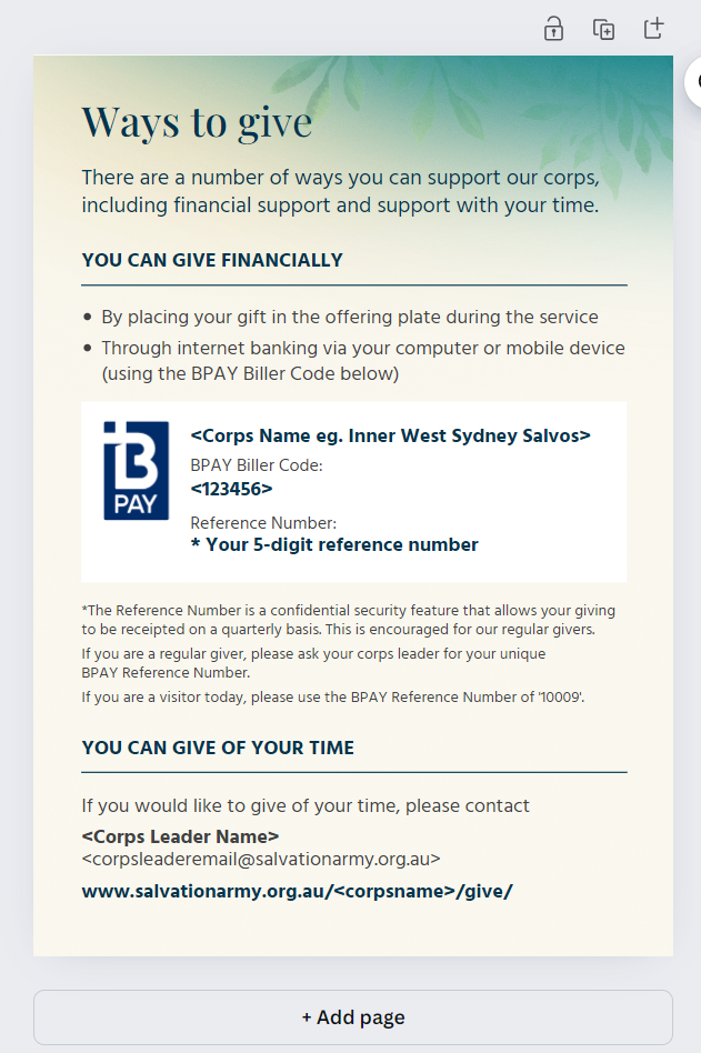 Bpay Example Ways to Give by BPAY to your Corps - Image - Canva link | mySalvos